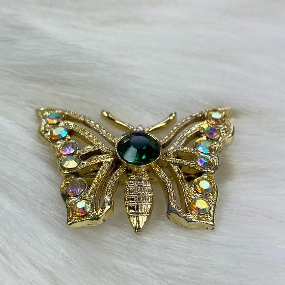 Vintage Rhinestone Green & Aurora Borealis Gold Tone Butterfly Brooch - Picture 4 of 5